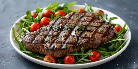 Paleo-Friendly Grilled Steak and Mixed Greens on a Ceramic Plate. Concept Food Photography, Paleo Recipes, Grilled Steak, Mixed Greens, Ceramic Plate