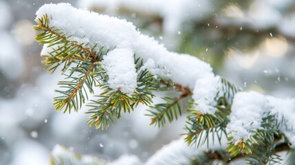 Snow covered spruce branch in winter for design background