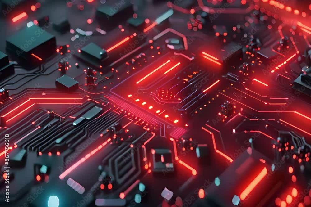 Poster 3d rendering of a red glowing circuit board background with a chip in the style of technology concep