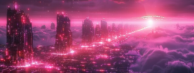 Fototapeta premium Big pillar decorated with pink glowing electrical circuits. 