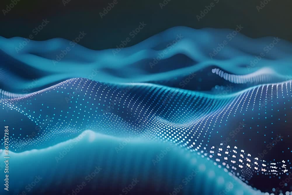 Poster abstract blue digital background with glowing dots and waves, representing the concept of big data t