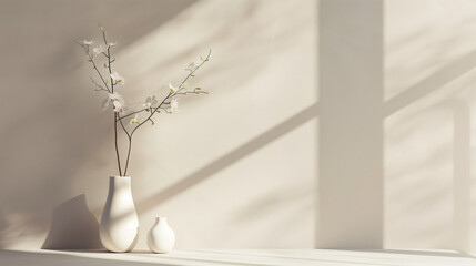 A minimalist scene featuring white orchids in round vases, casting delicate shadows on a white background.