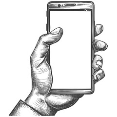 man shows a blank white cellphone screen with engraving style black color only
