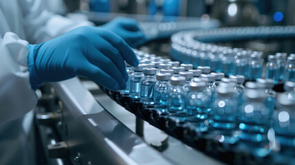 Naklejka premium A scientist in a sterile lab environment inspects vials of medication on a conveyor belt