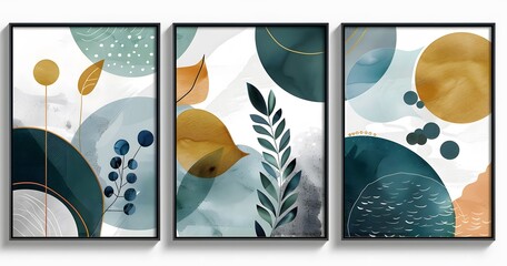 Three-piece abstract art with leaves, circles and squares in blue, green and yellow tones on a white background in a frame. Creative poster concept with geometric shapes and leaves. unique, painting