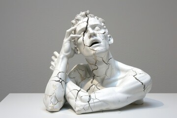 Emotional Fragmentation, Cracked marble sculpture of a distressed man, Art and Suffering