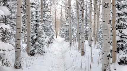 Fresh snow trail amidst birch and young pine trees