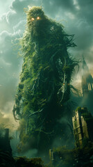 A colossal humanoid creature made of moss and roots, towering over an ancient ruins in the heart of a mystical forest