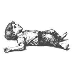 Vintage sketch of a sleeping boy in overalls