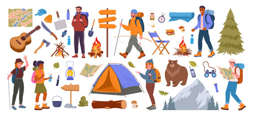 Camping equipment and characters. Hiking, backpacking people and tourists tools, bonfire, tent, guitar and axe flat vector illustration set. Outdoor camping supplies