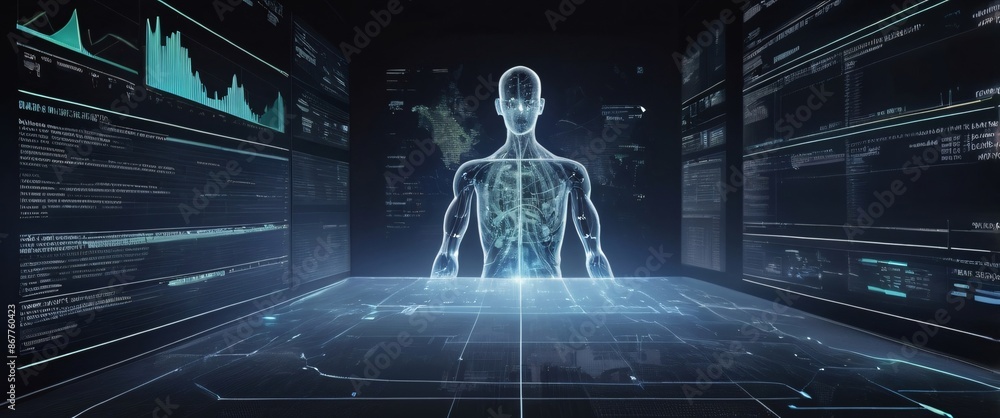 Poster analyze complex data sets in real-time, with no people a digital interface overlaid, in a silhouette