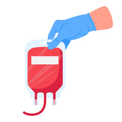 Hand with blood bag. Medical or lab worker hand holding blood bag, blood transfusion and donation concept flat vector illustration. Hand in medical gloves holding blood bag