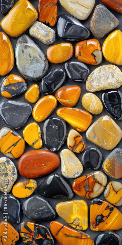 Poster multicolored smooth pebbles and amber stones create a visually striking pattern. rich hues of yellow