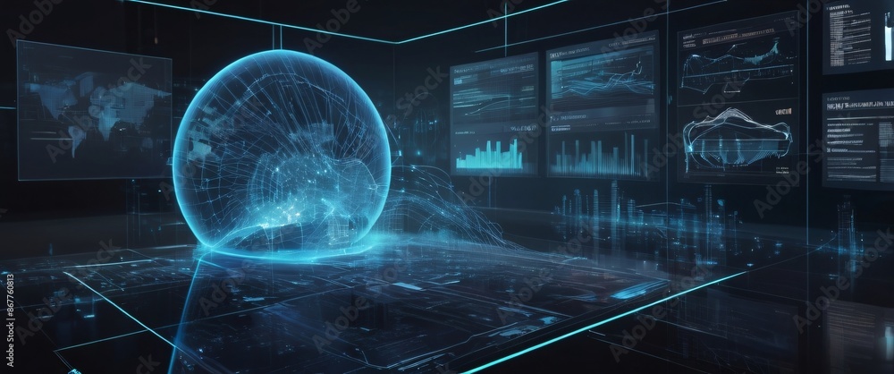 Poster analyze complex data sets in real-time, with no people a digital interface overlaid, in a silhouette