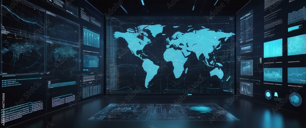 Poster analyze complex data sets in real-time, with no people a digital interface overlaid, in a silhouette