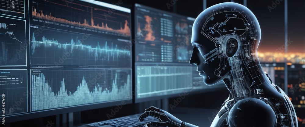 Poster analyze complex data sets in real-time, with no people a digital interface overlaid, in a silhouette