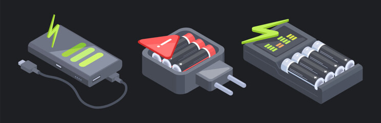 Isometric dead batteries. Alkaline metallic accumulators with red indicators, power electricity elements with low charging level flat vector illustration set. Electricity charging elements