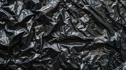 Black crumpled polyethylene sheet on a white background