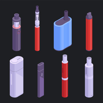Vape smoke accessories. Isometric electronic cigarettes, digital vape pen and e-cigarette 3d vector illustration set. Vape cigarettes collection