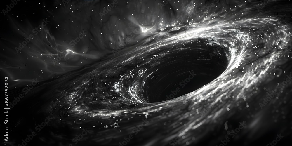 Poster black holes gravity distorts particle paths leading to unpredictable trajectories. concept space-tim