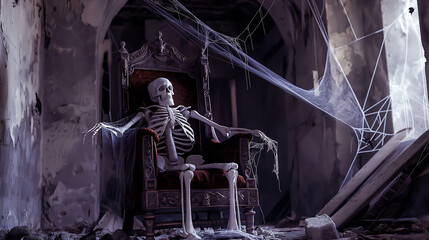 Skeleton sitting on a throne in abandoned hall, Skeleton sitting on the king throne