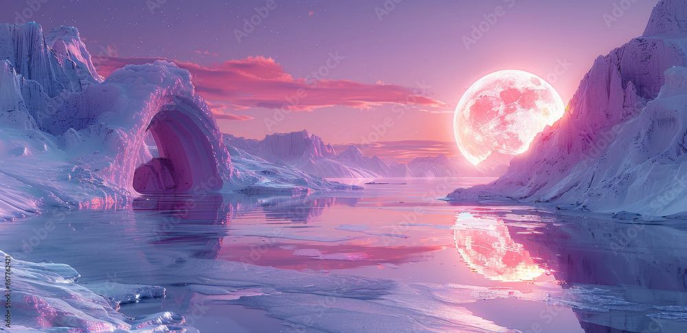 Poster 3d render of abstract geometric shapes with arches and spheres floating in the air on top of an irid