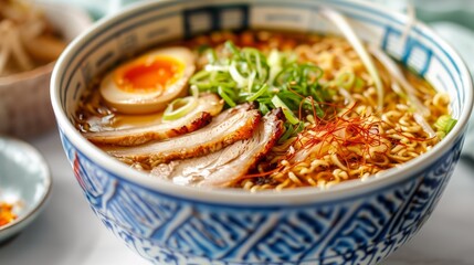 Close-up of ramen soup with pork, boiled egg, and green onions in a blue ceramic bowl. Asian cuisine