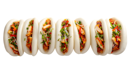  Chicken bao buns arranged neatly, showcasing their golden, tender chicken filling on a transparent background