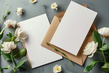 Blank wedding invitation card mockup with envelope and white flowers, front and back sides, mockup with copy space. generative ai.