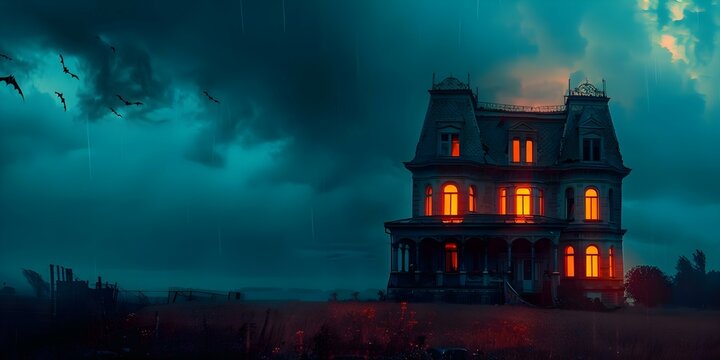 Glowing orange windows of an eerie Halloween manor under a stormy sky. Concept Halloween Decorations, Spooky Manor, Stormy Sky, Orange Glowing Windows, Eerie Atmosphere