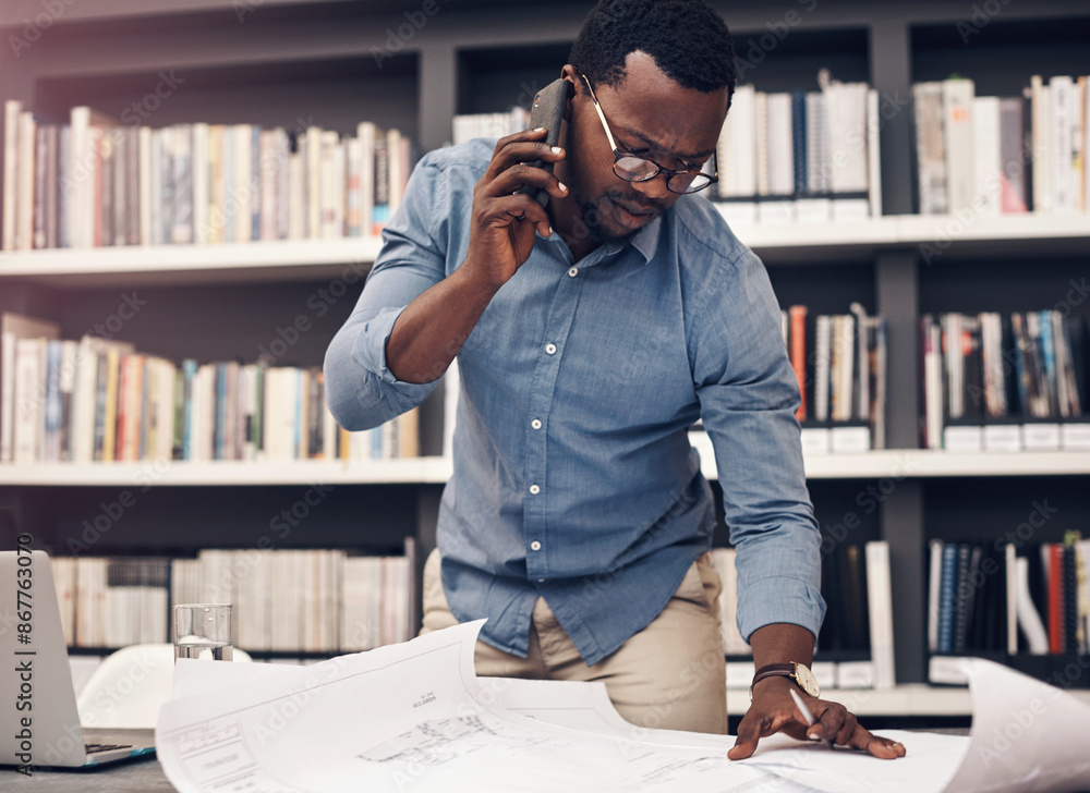 Poster Architecture, blueprint and black man with phone call in office for project, development or review. Contractor, paper and person with technology at work for floor plan, discussion or update to client