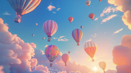 Fototapeta premium Blue sky with balloons in cartoon style with an atmosphere of celebration and adventure, colorful balloons floating in the sky