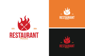 Fork and spatula logo design with flame vector illustration template idea