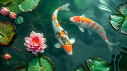 Top view of two koi carp asian fishes, colorful goldfishes and pink lotus lily flowers and green leaves on pond