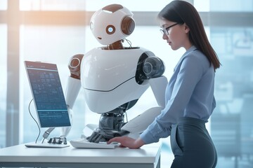 Woman and AI robot working together in the office