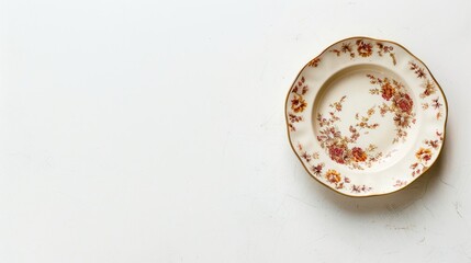 Antique ceramic dish on white background with vintage charm and empty space