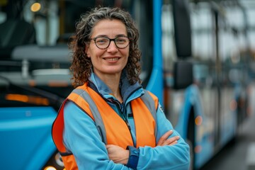 Fototapeta premium A woman with grey hair, wearing glasses and an orange safety vest, smiles confidently in front of a blue bus
