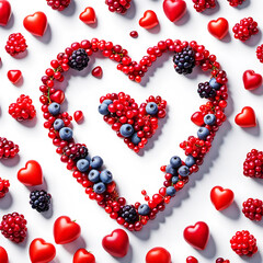 Obraz premium Herz Rahmen herzförmig aus Beeren Früchten Obst Himbeere Brombeer Heidelbeere Sommer kraftvolle Farbe Dekoration Hintergründe Vorlagen sommerlich leichte Gefühle fruchtig frisch freier Raum