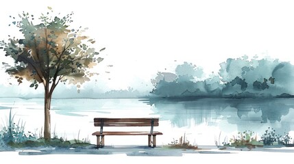 Serene lakeside scene with a bench and tree, watercolor painting depicting tranquil nature and peaceful scenery.