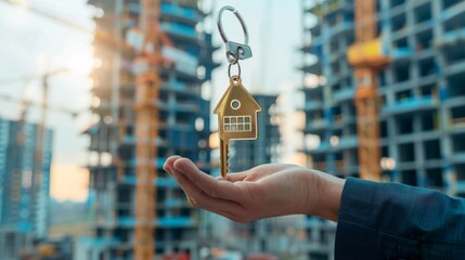 A real estate agent holds a gold house-shaped keychain in front of a construction site, symbolizing the potential of new beginnings and the promise of a new home