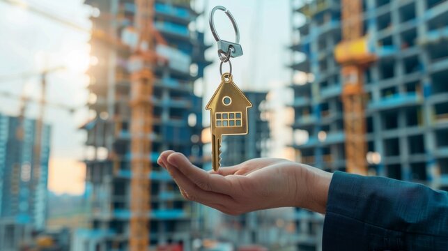 A real estate agent holds a gold house-shaped keychain in front of a construction site, symbolizing the potential of new beginnings and the promise of a new home