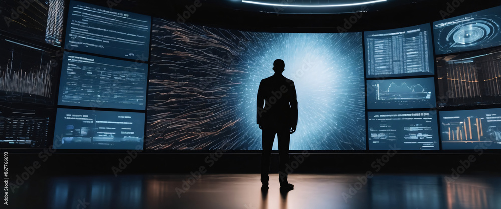 Poster a silhouette of a person standing in front of a giant digital screen with a flow of data showing var