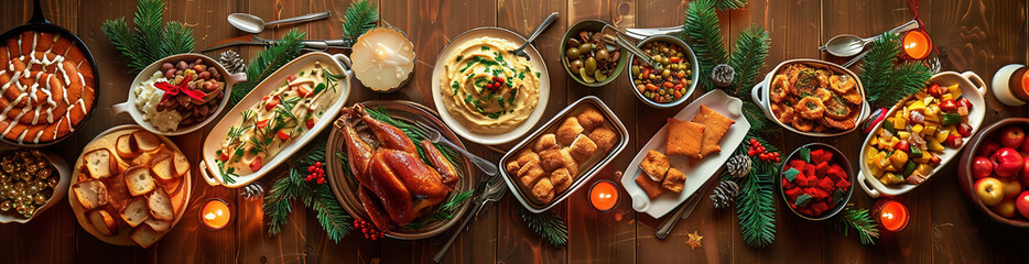 Table with traditional Christmas dishes. view from above Christmas break. View from above. Christmas break. Christmas decorative element.