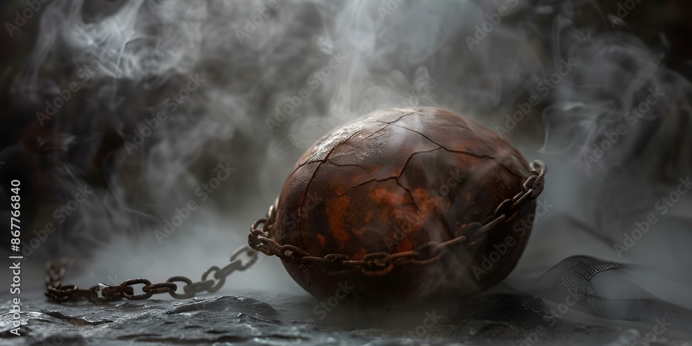 Poster abstract photo of a brown object tightly wrapped in chains with steam. concept objects photography, 