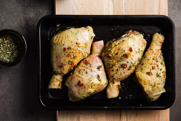 Raw chicken legs in a baking dish.