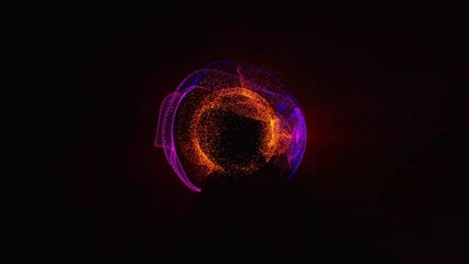 Abstract energy sphere made of particles and waves of magical glow on a dark background,