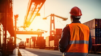 Worker in safety gear observing shipping containers and cranes at a busy industrial port during sunrise, highlighting logistics and transportation.