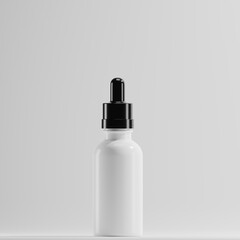 The image shows a white plastic bottle with a black dropper on a white background. The bottle could be used to contain a variety of liquids, such as medicines, chemicals, or other scientific substance