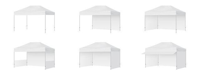 Rectangular Pop Up Canopy Commercial Tents Mockups, Isolated On White Background. Vector Illustration