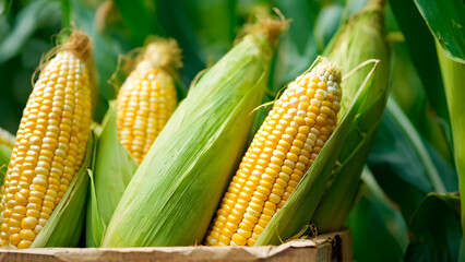 Corns in a box in the beautiful garden Selective focus